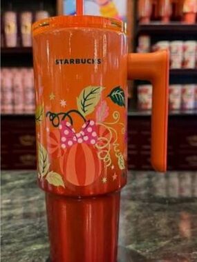 Starbucks Orange Pumpkin Floral Travel Mug with Handle